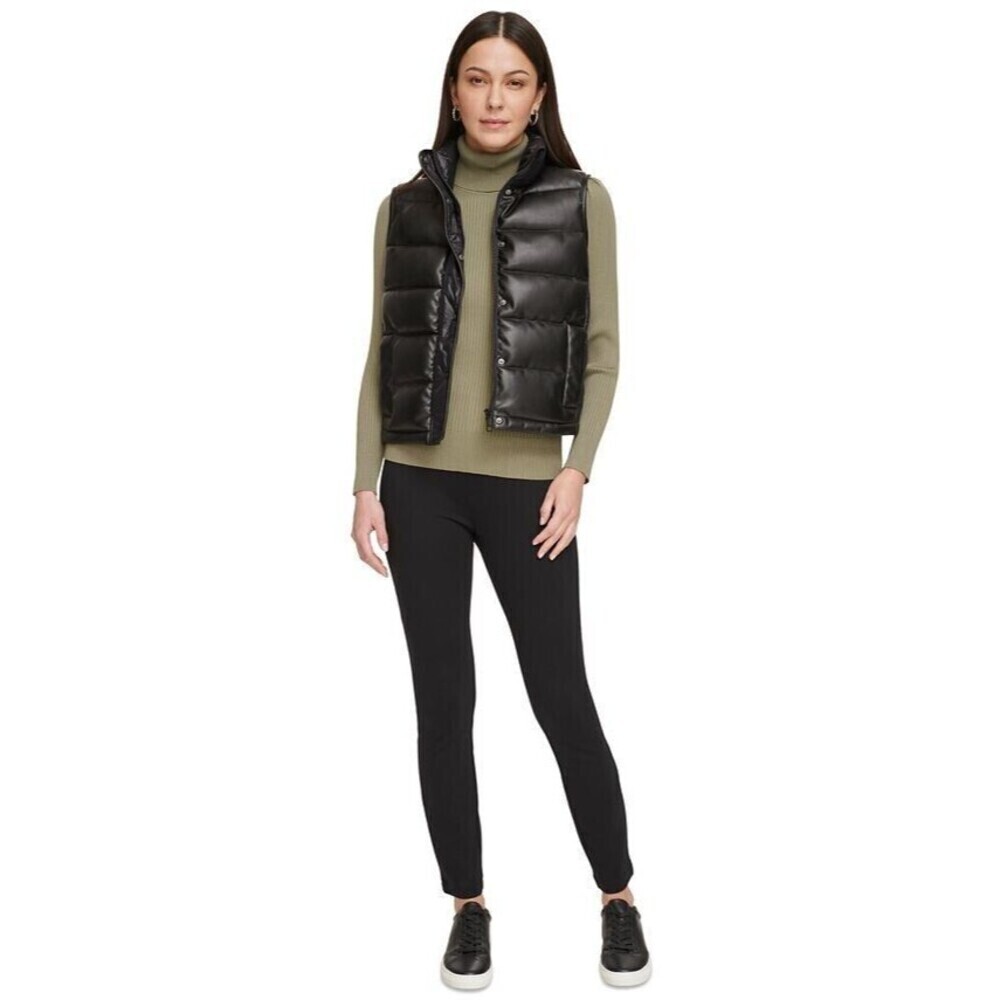 DKNY Women's Sleeveless Stand-Collar Faux Leather Puffer Vest Black XL - Picture 4 of 4